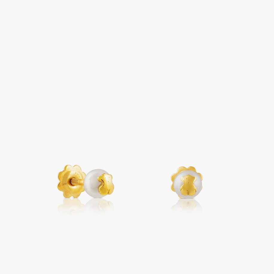 Pendientes de perla cultivada con oso de oro amarillo de 18kt